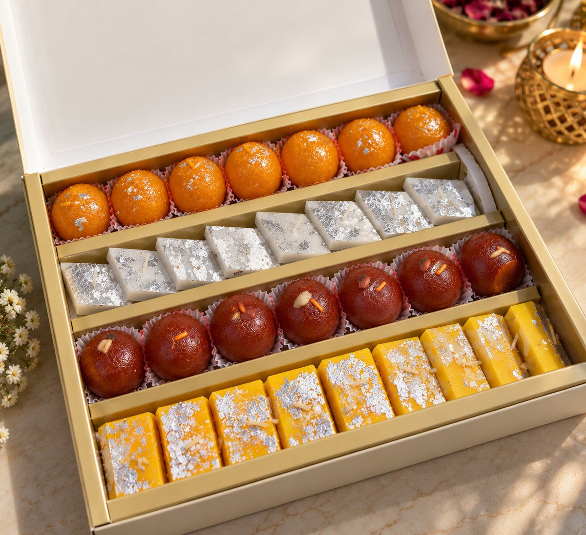 Sweets Candle Gift Box Pack of 31 | Ladoo, Gulab Jamun, Kaju Katli & Barfi | Diwali, Wedding & Festive Gift Hamper