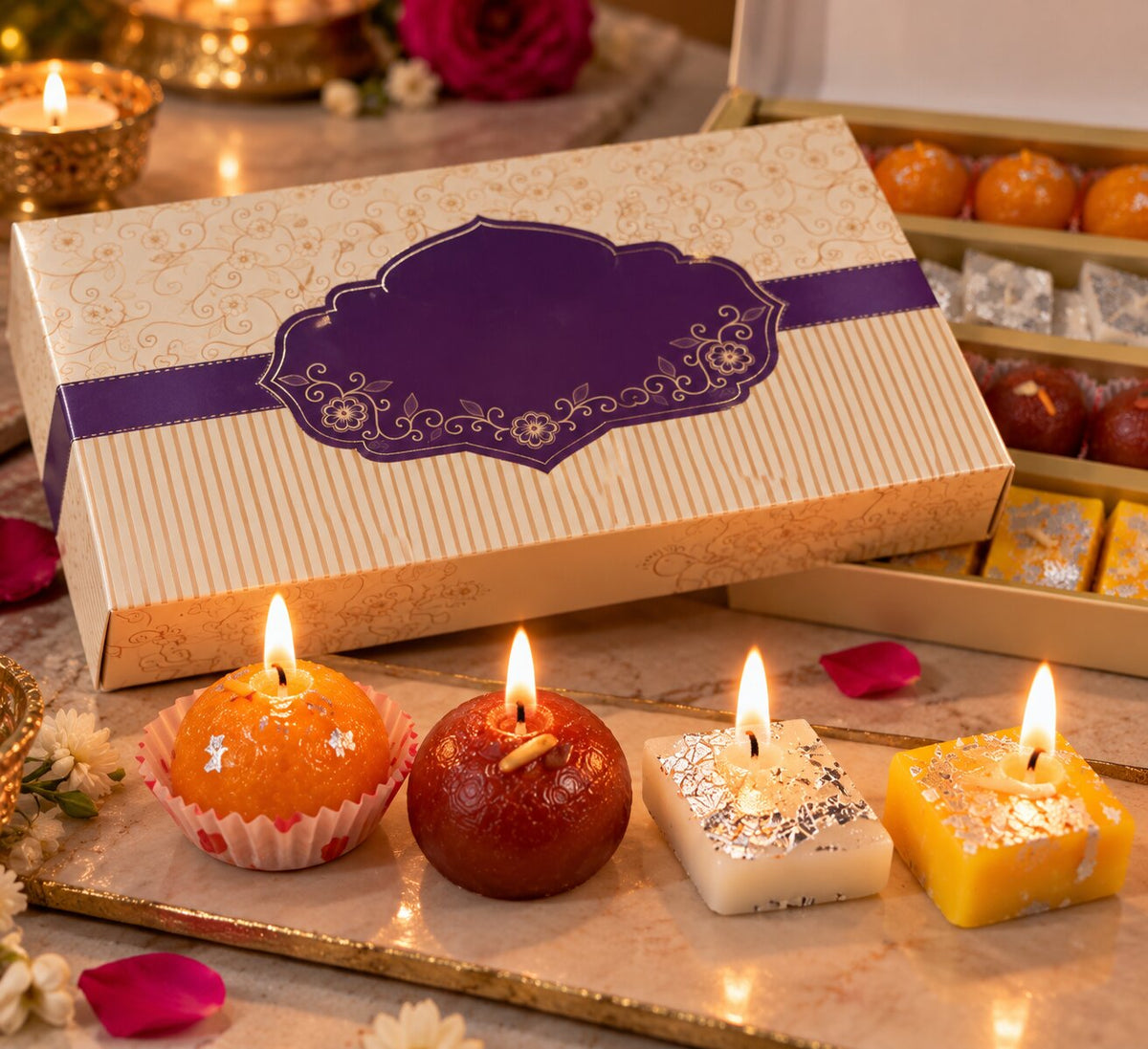 Sweets Candle Gift Box Pack of 31 | Ladoo, Gulab Jamun, Kaju Katli & Barfi | Diwali, Wedding & Festive Gift Hamper
