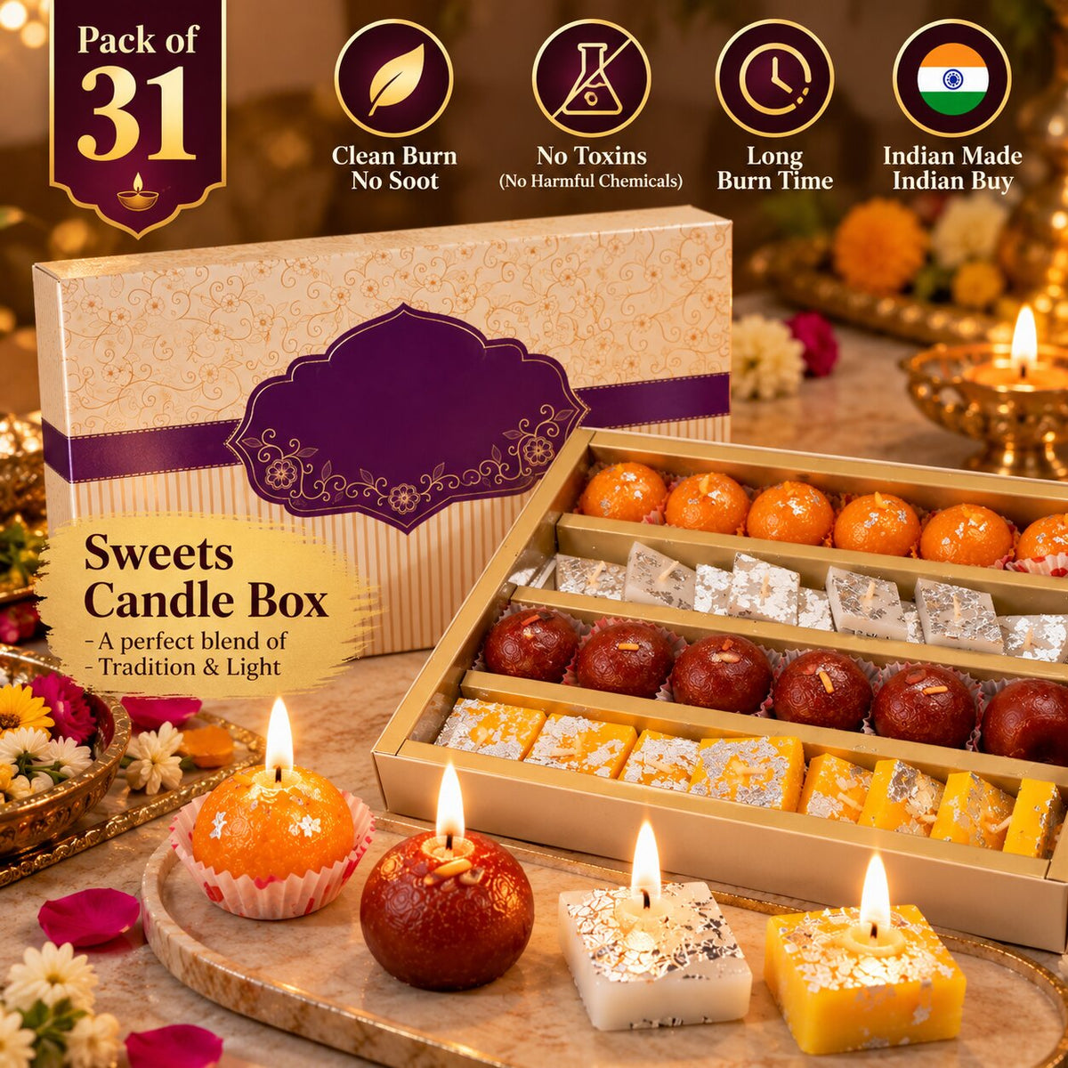 Sweets Candle Gift Box Pack of 31 | Ladoo, Gulab Jamun, Kaju Katli & Barfi | Diwali, Wedding & Festive Gift Hamper