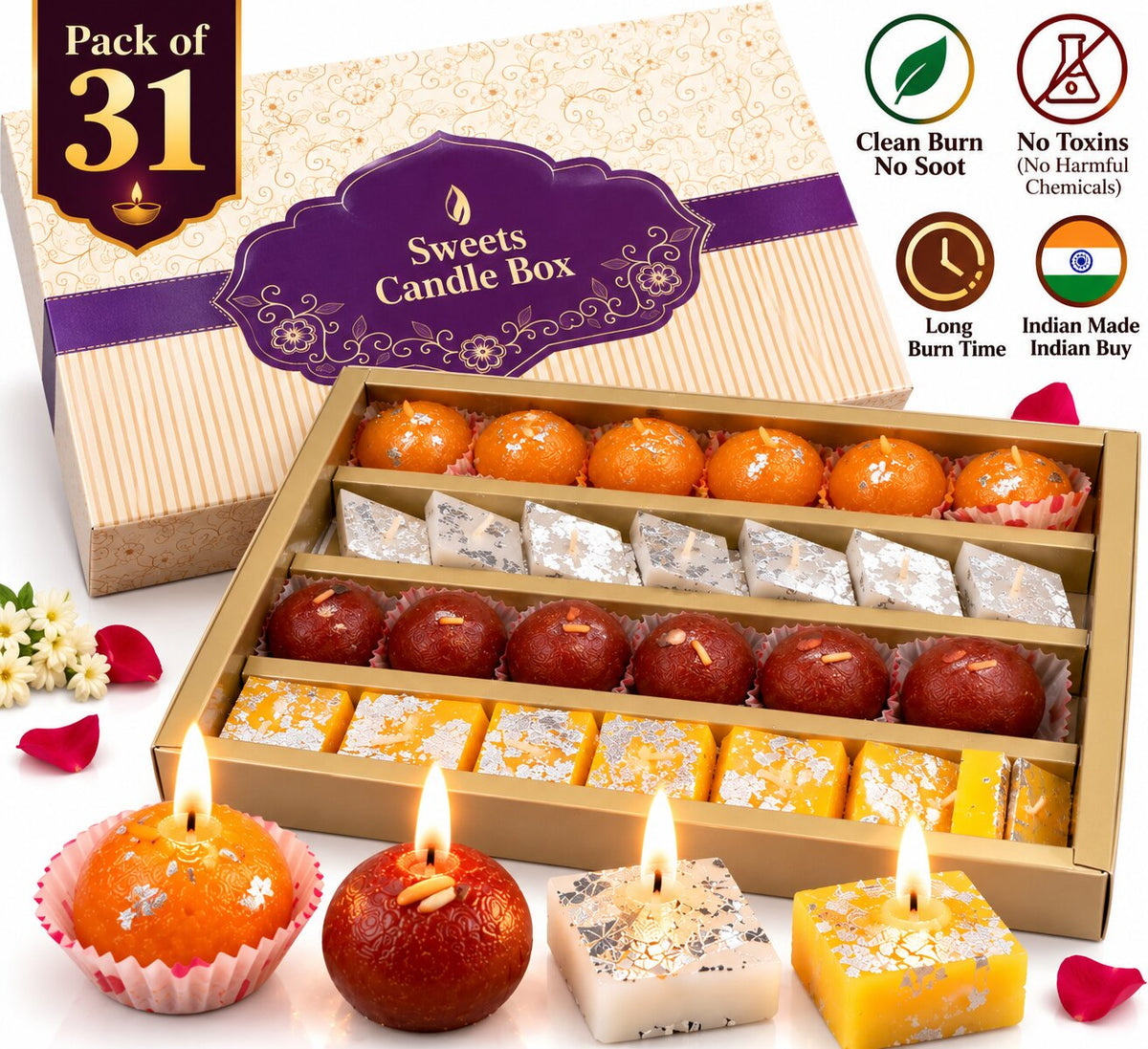Sweets Candle Gift Box Pack of 31 | Ladoo, Gulab Jamun, Kaju Katli & Barfi | Diwali, Wedding & Festive Gift Hamper