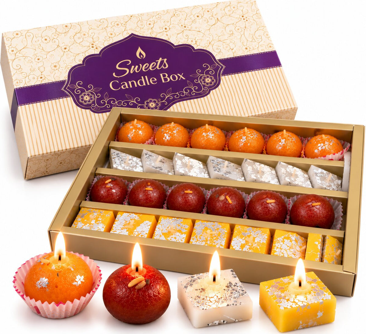 Sweets Candle Gift Box Pack of 31 | Ladoo, Gulab Jamun, Kaju Katli & Barfi | Diwali, Wedding & Festive Gift Hamper